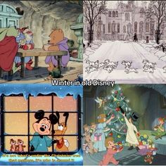 two pictures with cartoon characters in front of a christmas tree and the words winter in old disney