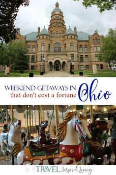 the front and side of a large building with horses on it's merry go round