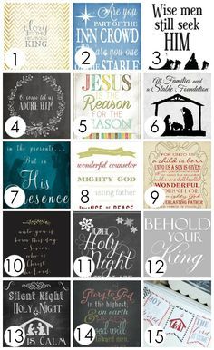 the twelve days of christmas cards are shown in different colors and font styles, including one for