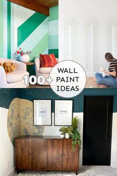 two pictures with the words wall paint ideas on them and an image of a boy sitting on a couch