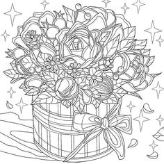 a coloring page with flowers in a basket on the ground and stars around it,