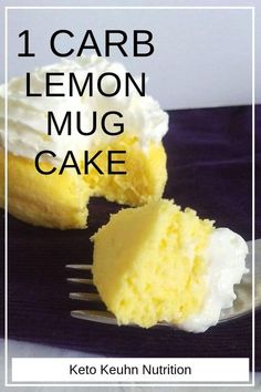 there is a lemon cake on the plate with a fork in front of it and text overlay that reads, 1 carb lemon mug cake