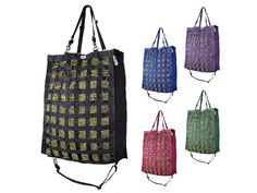 four different colored shopping bags with handles