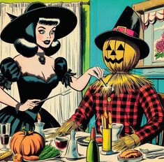 a woman dressed as a witch standing next to a man sitting at a table