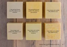 four squares of soap sitting on top of a wooden table