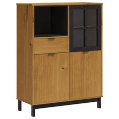 a wooden cabinet with black glass doors