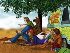 a group of people sitting under a tree next to a van