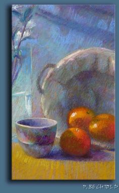 a painting of oranges and a bowl on a table