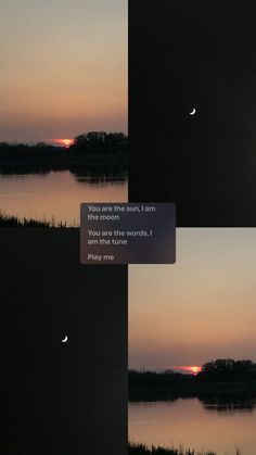 the sun is setting and there are two different pictures in front of it, one with an eclipse