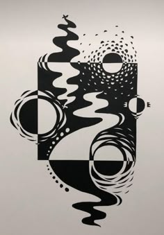 an abstract black and white painting with circles