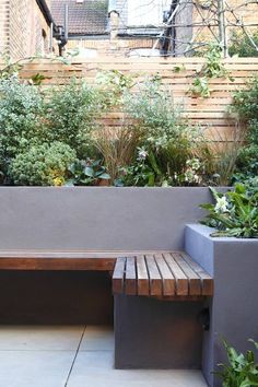 a wooden bench sitting in the middle of a garden