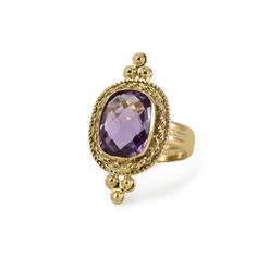 Inspired by the alluring designs of antique jewelry styles, the Juno Amethyst Ring is cast from 18 kt gold over sterling silver and set with a genuine 14mm. rectangular faceted Amethyst cabochon that is bezel-set in a handmade twisted frame. Understated and elegant, this 100% handmade in Italy 18 kt Gold Over Sterling Silver ring is perfect to be stand out of the crowd on any special occasion. Presented in a Vintouch Italy signature packaging. Vintouch Jewelry pieces are extremely resistant and Luxury Purple Amethyst Rectangular Ring, Luxury Purple Amethyst Ring, Rectangular Shape, Luxury Purple Rectangular Amethyst Ring, Timeless Gold Amethyst Ring, Yellow Gold Amethyst Ring With Rectangular Shape, Rectangular Amethyst Ring In Yellow Gold, Elegant Gold Amethyst Ring As Gift, Elegant Gold Amethyst Ring For Gift, Gold Luxury Amethyst Gemstone Ring