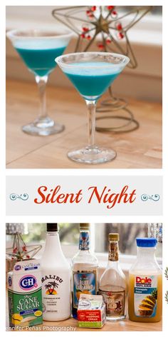 two martini glasses with blue liquid in them and the words silent night written on it