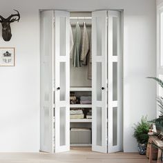 an open closet with clothes hanging on the wall and deer head mounted to the wall