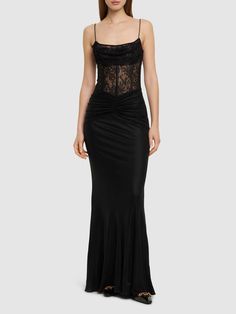 Fixed spaghetti straps. Side zip closure. Sheer lace top panel. Model is wearing a size38 Strapless Evening Dress, Sleek Dress, Satin Dress Long, Cute Dress Outfits, Sheer Lace Top, Satin Short, Alessandra Rich, Rich Women, Maxi Jersey Dress