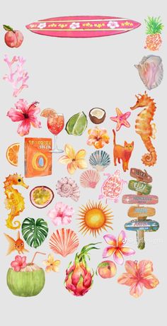 an assortment of tropical stickers on a white background with pink flowers and oranges