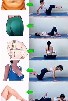 the woman is doing yoga poses on her stomach and knees, with green arrows pointing up at