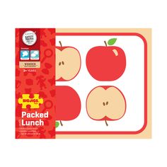 an apple shaped lunch box with stickers on the front and back of it's side