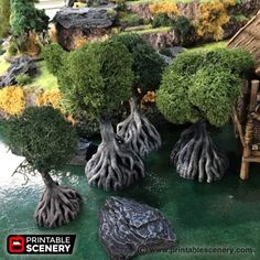 some very pretty trees and rocks in a miniature garden setting with moss growing on them