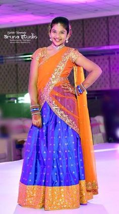 Orange Half Saree, Blue Half Saree, Silk Half Saree, Designer Bridal Lehenga Choli, Lehenga Saree Design, Printed Flowers, Indian Celebrity