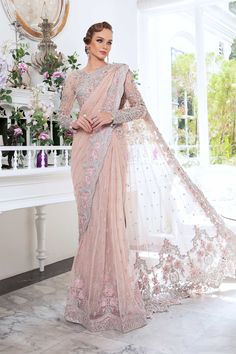 Royal Pink Pakistani Wedding Dress in Net Saree Style Pink Pakistani Wedding Dress, Royal Pink, Pakistani Wedding Dress, Maria B, Embellished Blouse, Pakistani Wedding Dresses