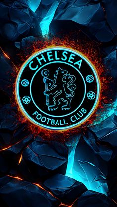 the logo for chelsea football club is shown in neon lights on an abstract blue background