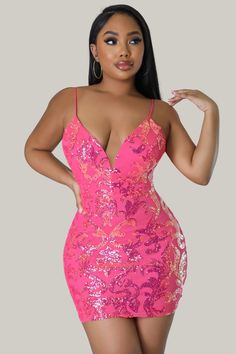 This Sequined V-neck Dress in a stunning, luxurious pink color features a sexy backless design with a zipper. The plain pattern is complemented by a cami style and spaghetti straps, creating an elegant and exclusive look. The sleeveless design and natural waistline accentuate the slim fit and pencil hemline, making it a must-have for any sophisticated wardrobe. Crafted from high-quality sequins and a slight stretch fabric, this dress is both luxurious and comfortable. 95% Polyester, 5% Elastane Pink V-neck Mini Dress With Sequins, Flirty V-neck Dress With Back Zipper, Pink Backless Dress With Back Zipper, Pink Sweetheart Neckline Club Dress, Pink Sweetheart Neckline Dress For Club, Pink Backless Sequin Dress, Pink Backless Mini Dress With Back Zipper, Pink V-neck Bodycon Dress For Evening, Pink V-neck Dress For Night Out