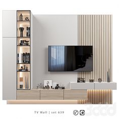 the television is mounted on the wall in the living room with shelving and shelves