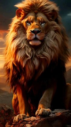 a lion sitting on top of a rocky hill under a cloudy sky with mountains in the background