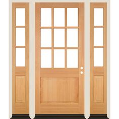 two wooden doors with glass panels on each side