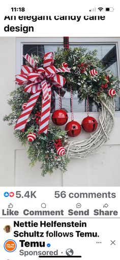 a christmas wreath with red and white ornaments