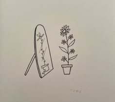 a drawing of a mirror and flower pot