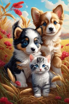 two puppies and a kitten are sitting on the ground in front of some flowers