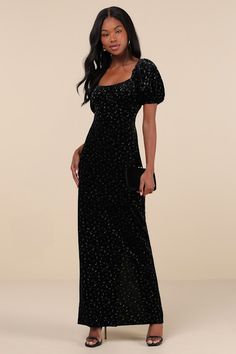 Expert Charm Black Ditsy Floral Velvet Puff Sleeve Maxi Dress Black Tie Dress Modest, Elegant Black Dress With Sleeves, Winter Formal Wedding Guest Dress, Black Tie Attire For Women Winter, Winter Black Tie Wedding Guest Dress, Winter Elegant Dress, Formal Dress With Sleeves, Winter Wedding Guest Outfit, Christmas Maxi Dress