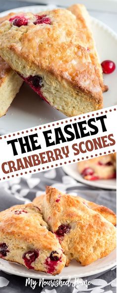 the easy cranberry scones recipe on a white plate with text overlay