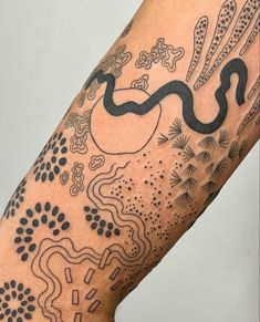 a close up of a person's arm with tattoos on it and an image of a snake