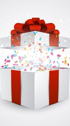 an open gift box with red ribbon and confetti falling out of the top