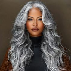 Soul Lady Attractive Silver Black Highlights Salt And Pepper Wig Real Human Hair Body Wave 5x5 HD Lace Wigs-model show Black Highlights Hair, Platinum Silver Hair Color, Loose Wave Bob, Full Volume Hair, Hair Color Silver, 5x5 Lace Closure Wig, Blue Purple Hair, Gray Wig, 16 Inch Hair