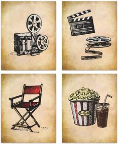 four different pictures of movies and drinks on paper with grungy effect, set of 4