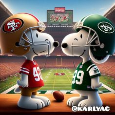 snoopy and the jets are talking in front of an american football stadium with helmets on