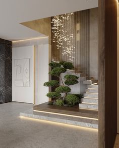 the stairs are decorated with green plants and lit up by lights in this modern home