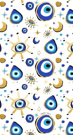 an abstract pattern with blue and gold circles, stars, and eyeballs on a white background