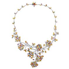 Red Carpet Necklace The necklace is 18K White Gold There are 5.00 Carats in Diamonds F/G VS There are over 40.00 Carats in Multi-Color Sapphires The necklace is 16” in circumference on the inside. The necklace weighs 99.5 grams Diamond Gold Necklace, Antique Choker, Rose Gold Diamond Necklace, Stars Jewelry, Sapphire Diamond Necklace, Briolette Necklace, Jewellery Craft, Multi Coloured Necklaces, Dainty Diamond Necklace