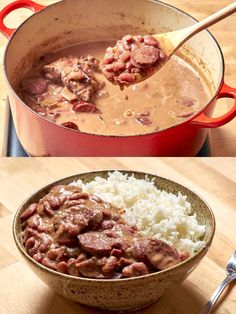 two pictures showing the same food being cooked in a pot and then covered with rice