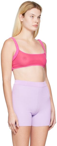 Paneled knit and rib knit stretch nylon-blend bra. · Square neck · Fixed shoulder straps · Unlined Part of the Le Papier collection. Supplier color: Pink Seamless Cropped Fitted Bra, Fitted Seamless Cropped Bra, Seamless Fitted Nylon Bra, Fitted Nylon Crop Top Bra Friendly, Trendy Fitted Seamless Bra, Pink Nylon Bra, Summer Nylon Crop Top With Seamless Construction, Summer Seamless Nylon Crop Top, Pink Nylon Sports Bra For Summer