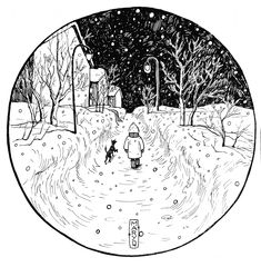 a black and white drawing of a person walking their dog in the snow at night