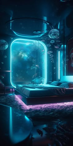 a futuristic bedroom with an aquarium in the center and lights on it's walls