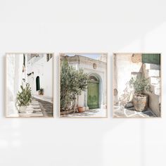 three pictures hanging on the wall in front of a white building with stairs and potted plants