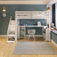 a loft bed with stairs and desk in the corner next to a window that has blue walls