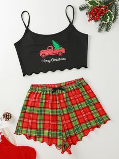 Cute Pajama, Christmas Tree Print, Crop Cami Top, Cute Pajama Sets, Plus Size Pajamas, Cute Sleepwear, Christmas Pajama Set, Christmas Pjs, Pajamas Sets